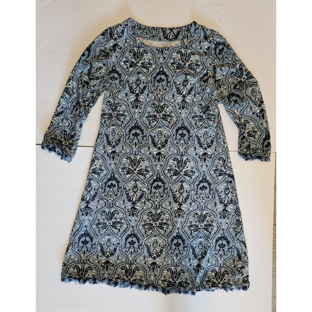 Spartina 449 Paisley A-Line Knit Dress XS Blue Navy White Fringe Stretch